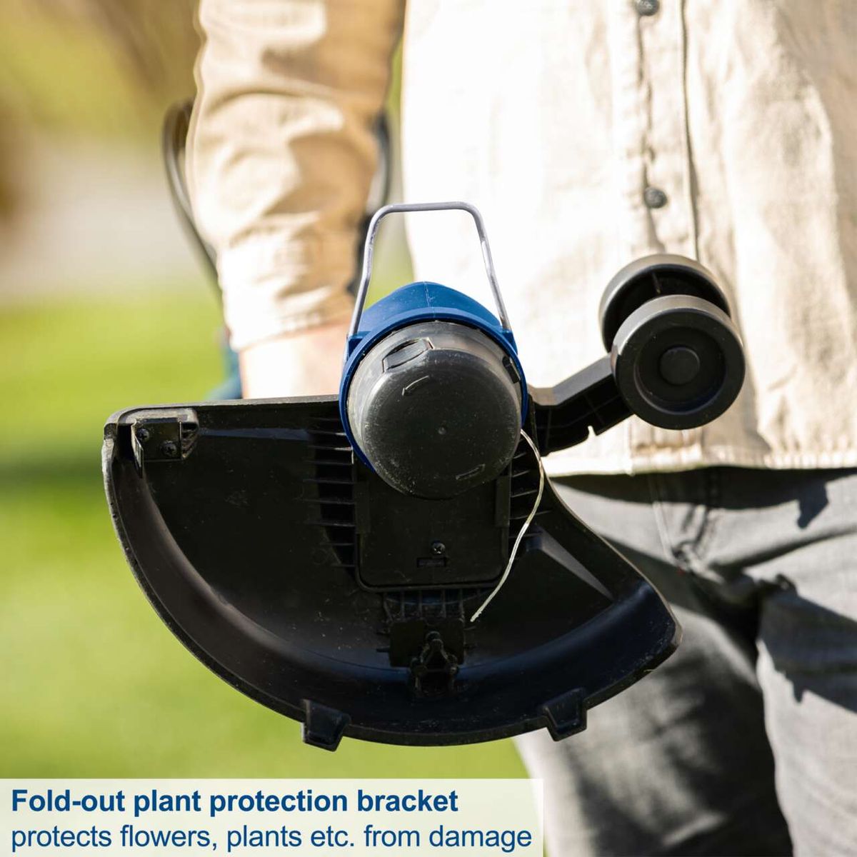 Fold-out plant protection bracket for cordless machine, protects flowers and plants from damage