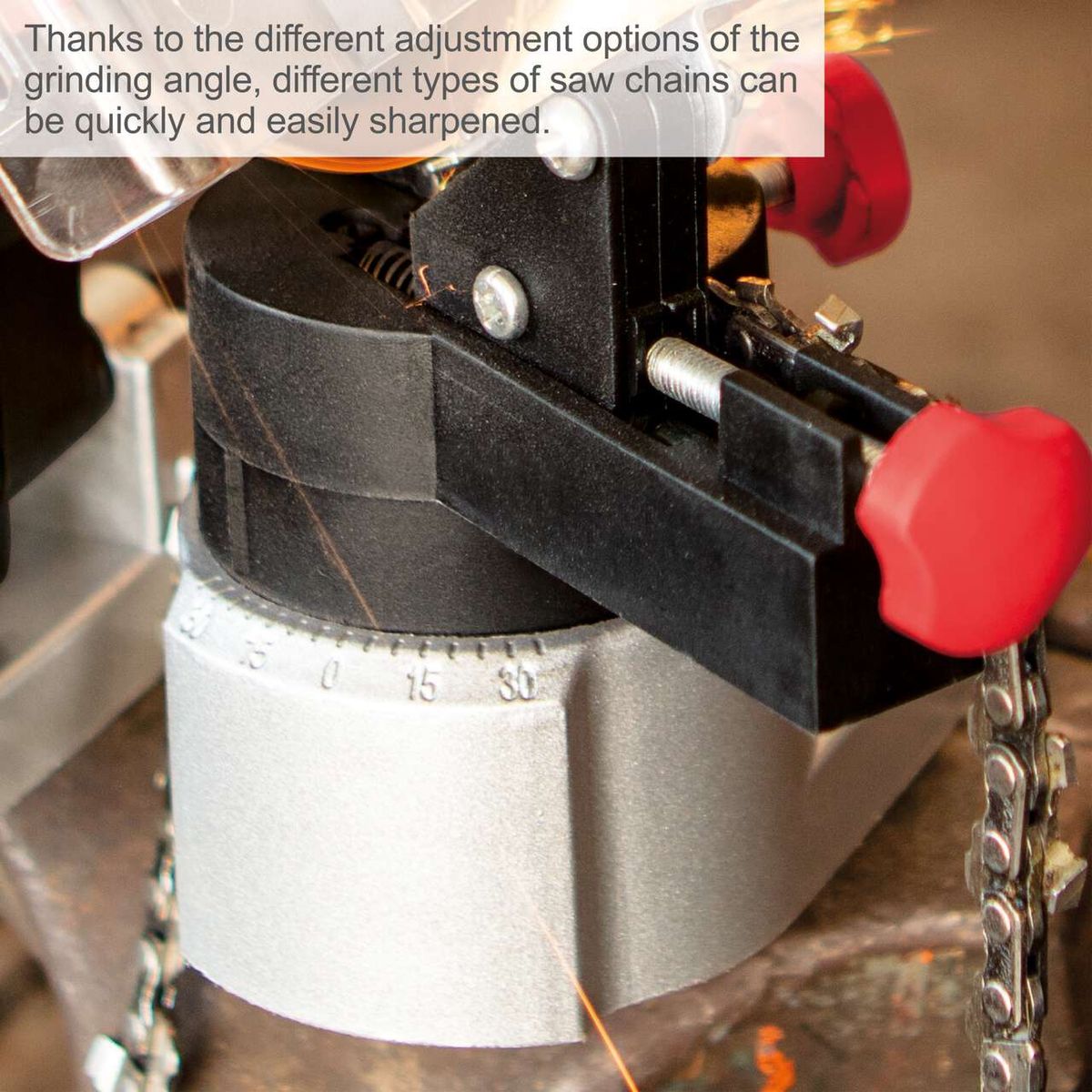 Scheppach chain sharpener with adjustable grinding angle for quick chain sharpening