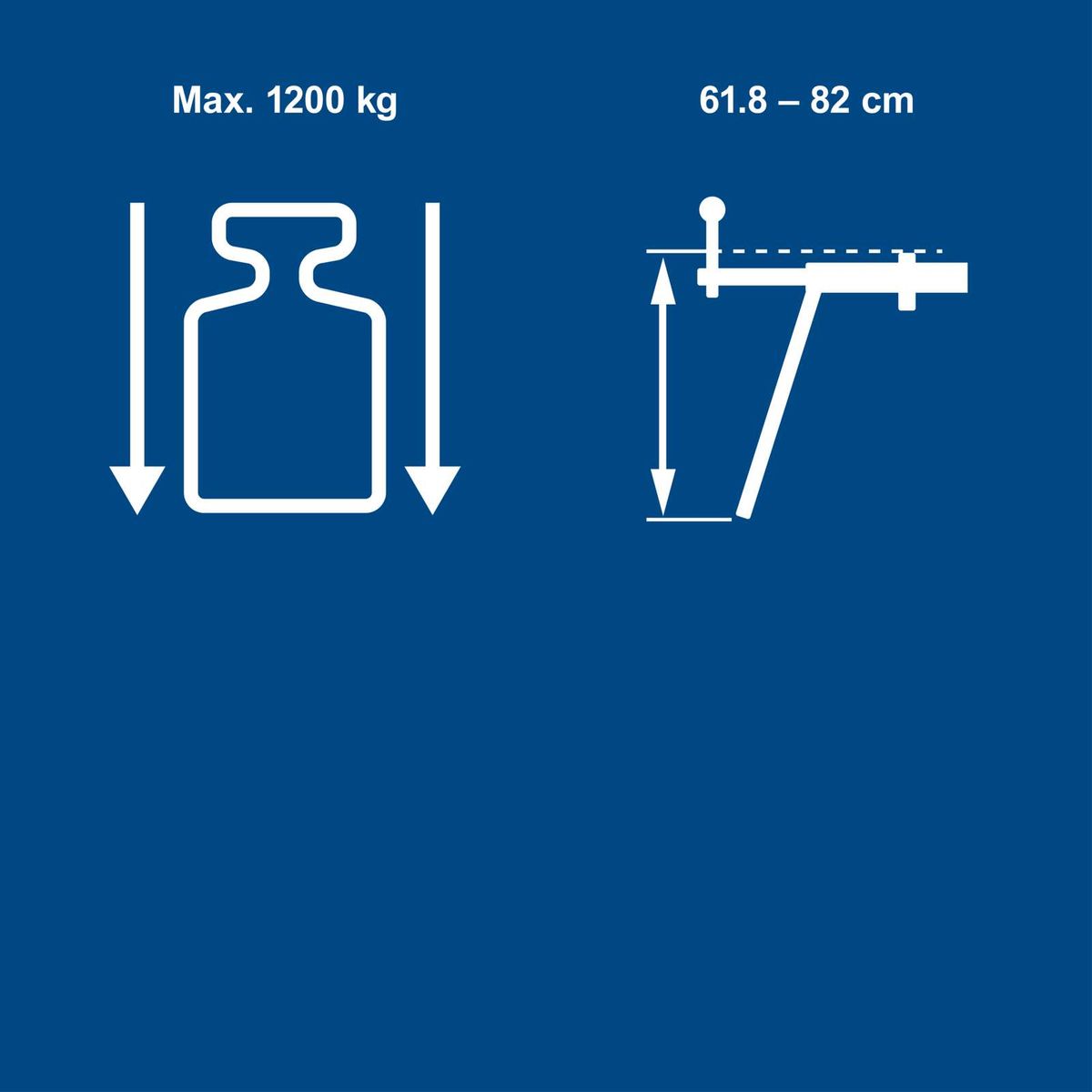 Key technical details: Maximum load capacity of 1200 kg, height adjustment range from 61.8 to 82 cm