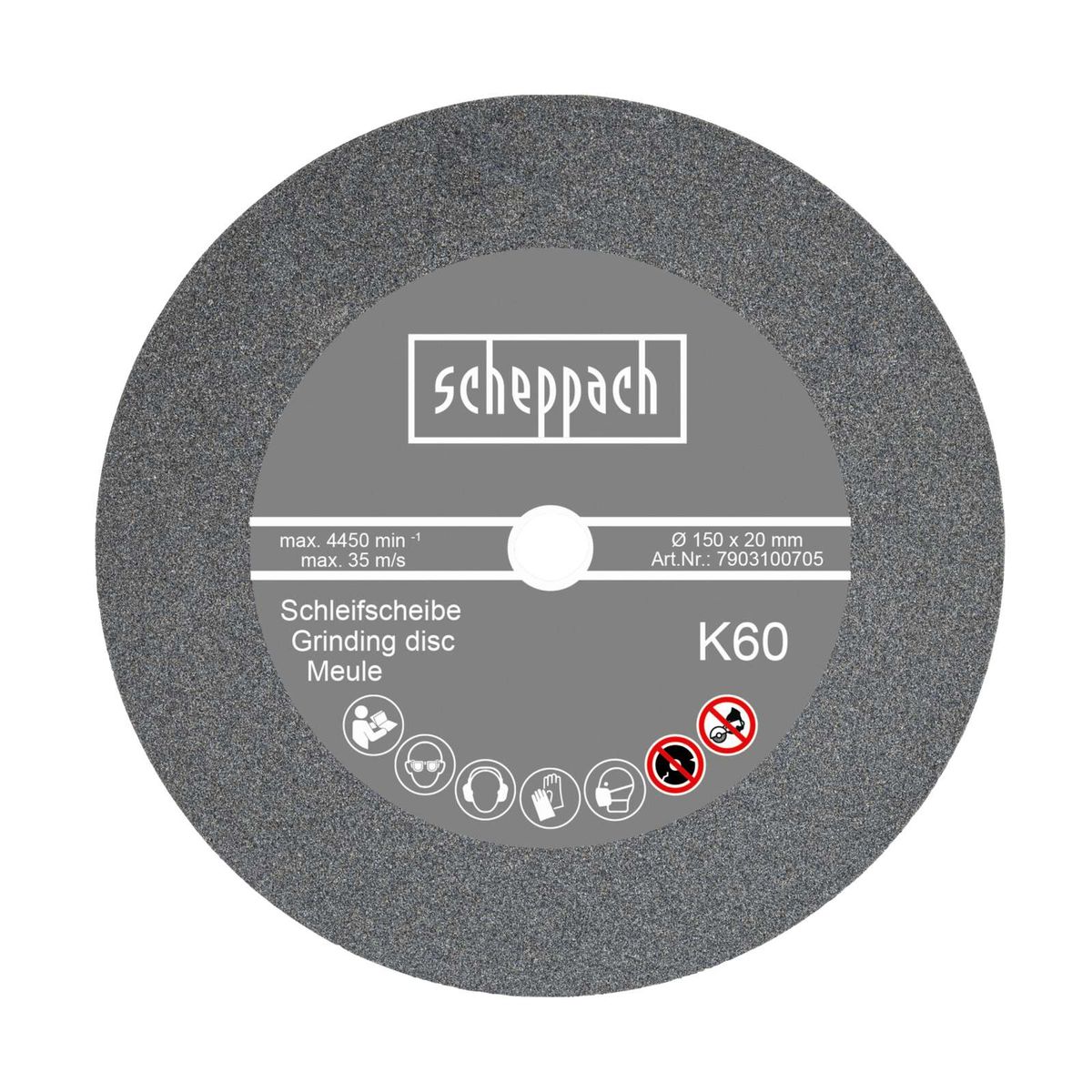Scheppach grinding disc K60 with specs: 150 x 20 mm, max. 4450 rpm and 35 m/s