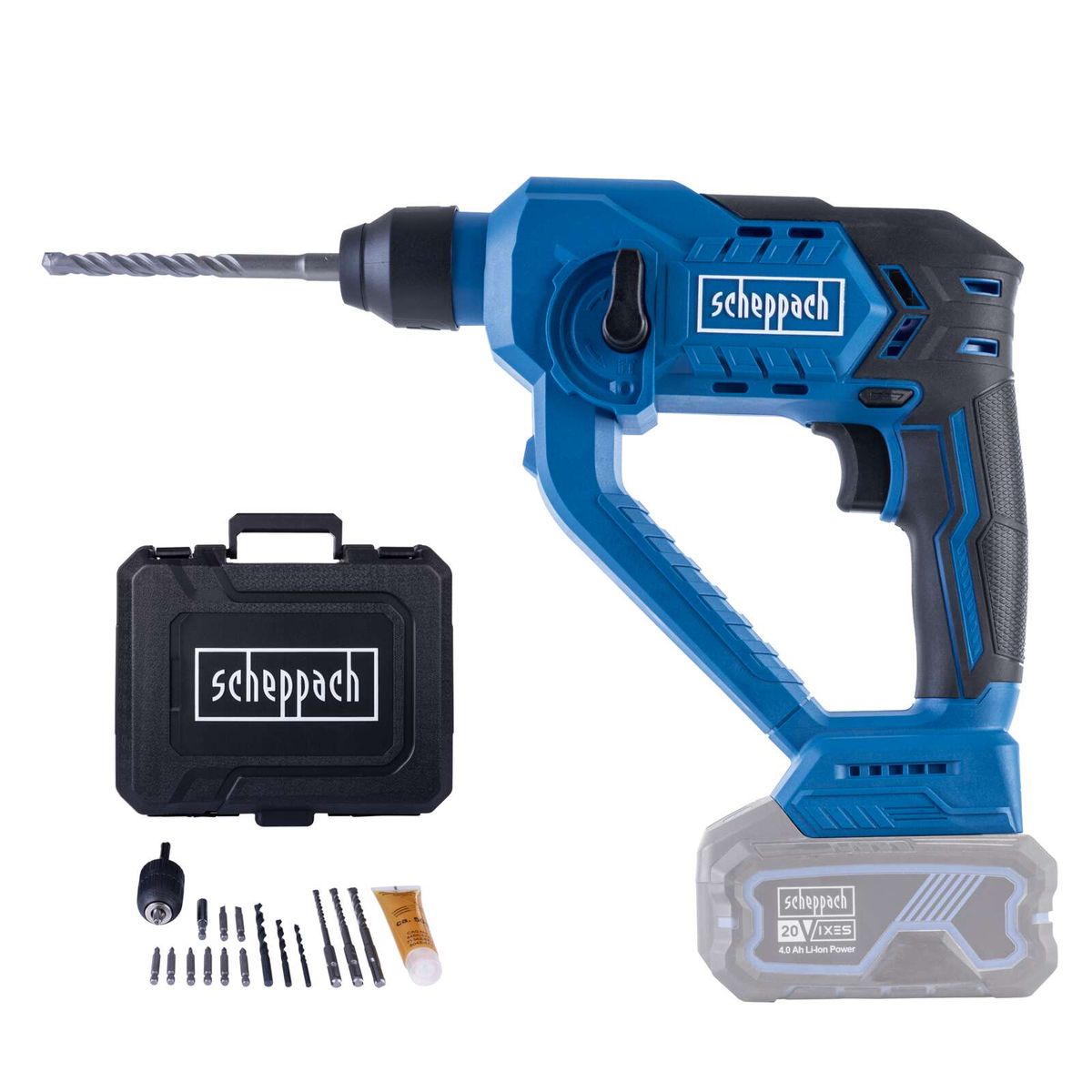 Scheppach cordless drill with 4.0 Ah lithium-ion battery, including tool case and 20-bit sets