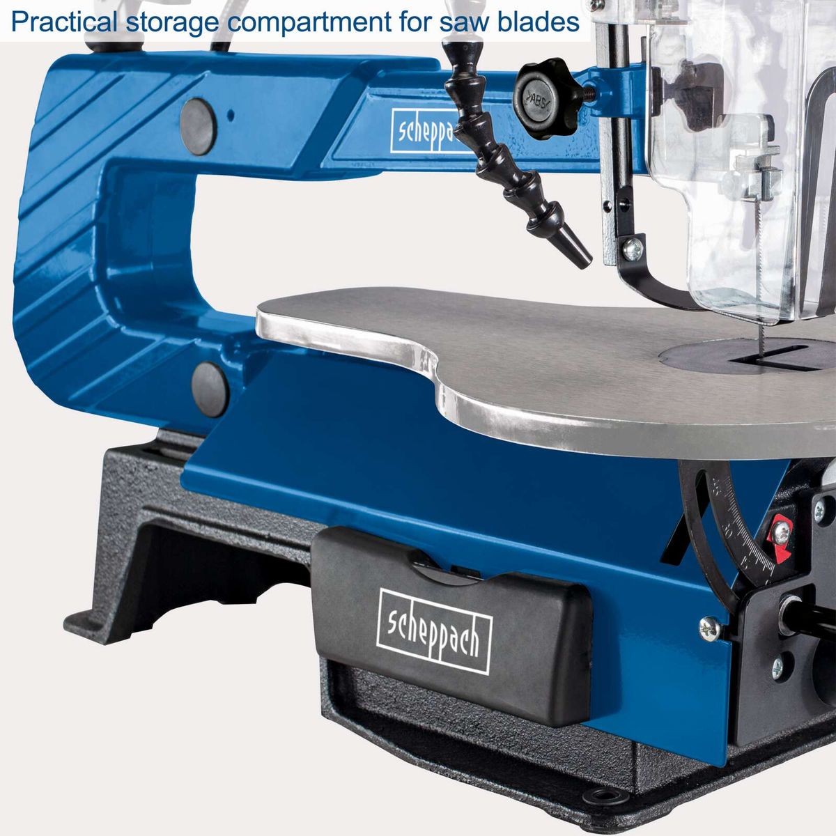 Scheppach scroll saw featuring a practical blade storage compartment