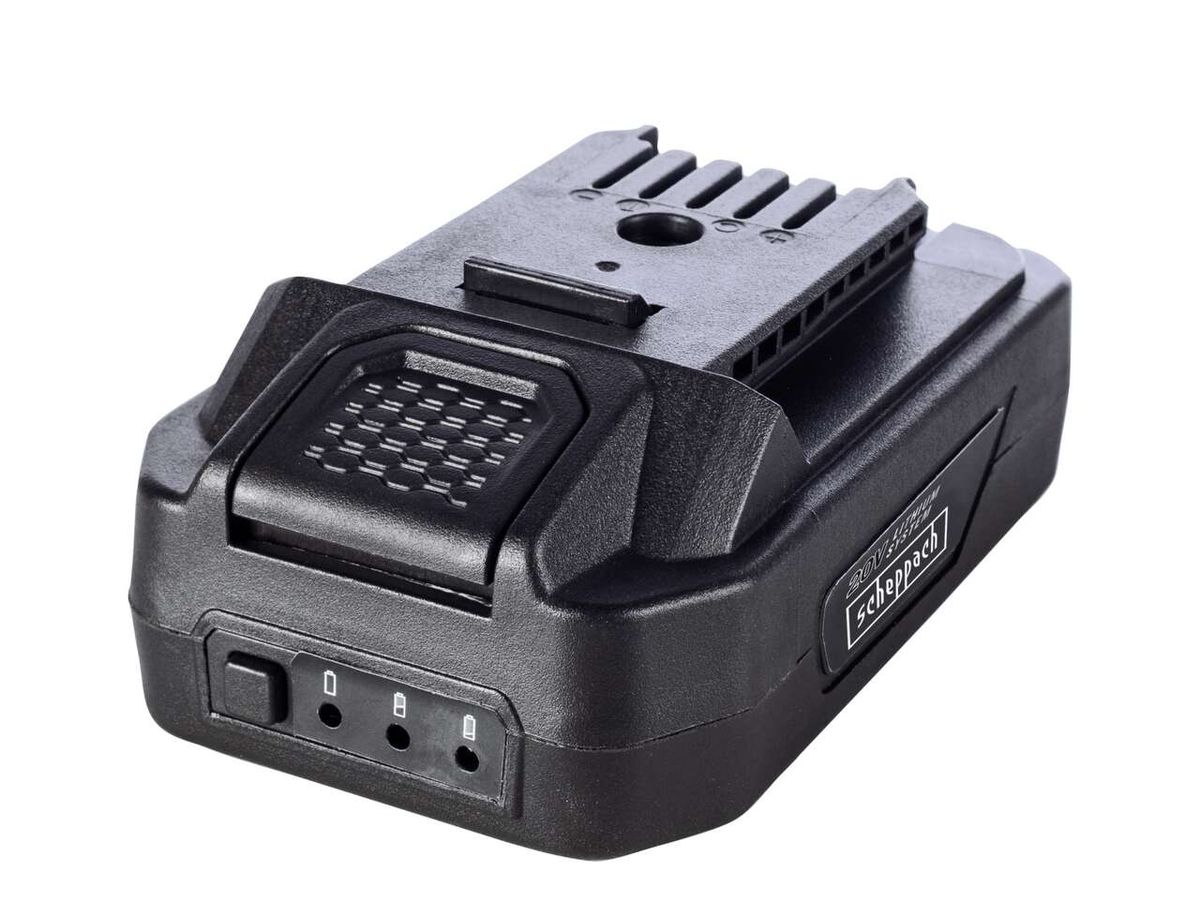 Scheppach battery BP2.0A-Li20V (DIY) shown from the side. The battery has a black surface with a ventilation grid and two LED indicators.