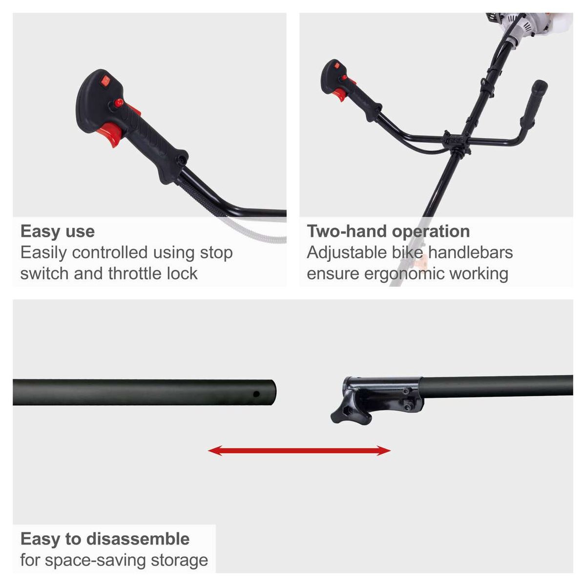 Easy control via stop switch and throttle lock; two-handed operation with adjustable bike handlebars for ergonomic use