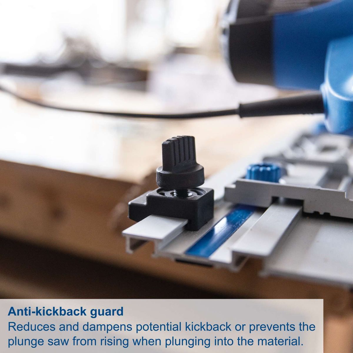 Anti-kickback guard for plunge saw; reduces and dampens potential kickback