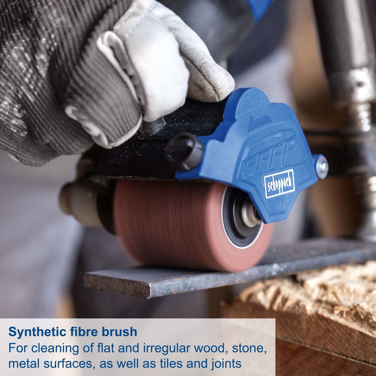 Synthetic fibre brush for cleaning flat and irregular surfaces of wood, stone, metal, and tiles