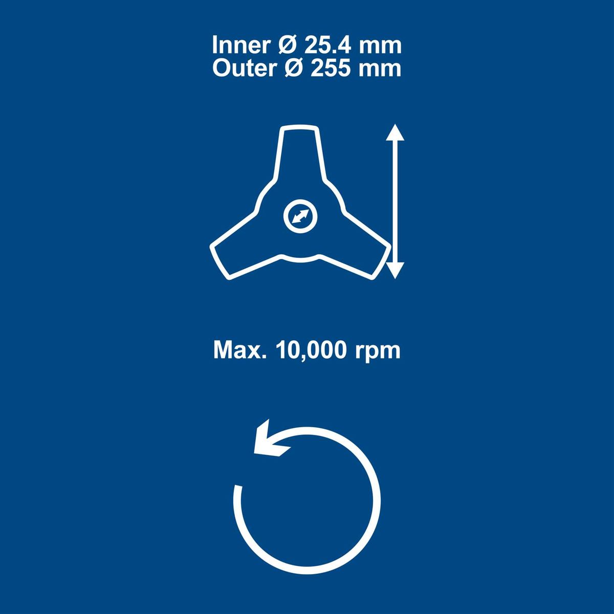 Technical specs: Inner diameter 25.4 mm, outer diameter 255 mm, max speed 10,000 rpm