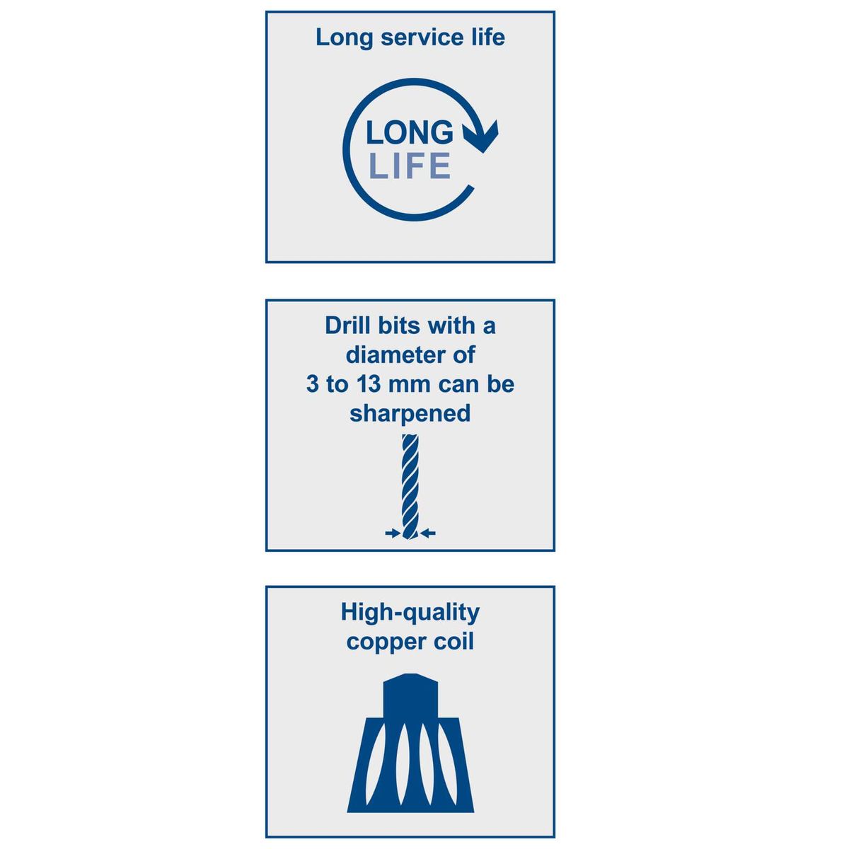 Tool description for a drill bit sharpener featuring long service life, sharpening stones for 3–13 mm HSS drills and high-quality copper coil