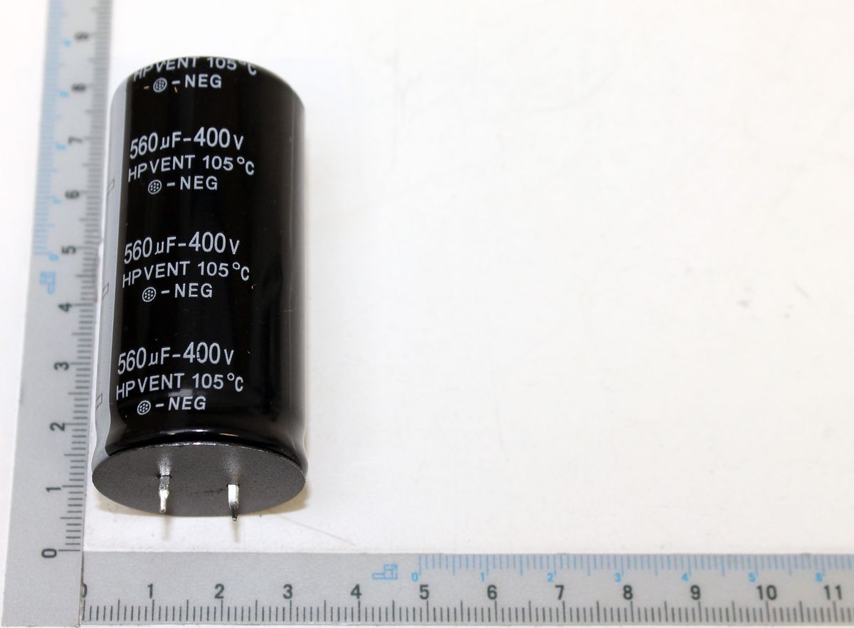 Electrolytic capacitor 560 µF, 400V rated, HPVENT 105°C, negative terminal