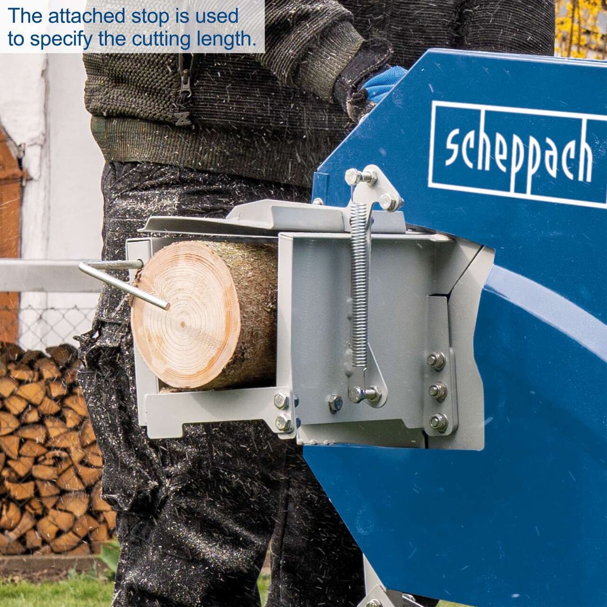 Tilting log saw with cutting length indicator for wood pieces, Scheppach HS410 model