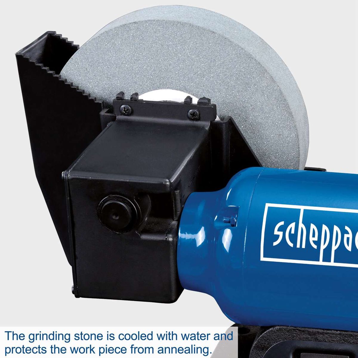 Scheppach wet/dry bench grinder with water cooling to protect workpieces from annealing