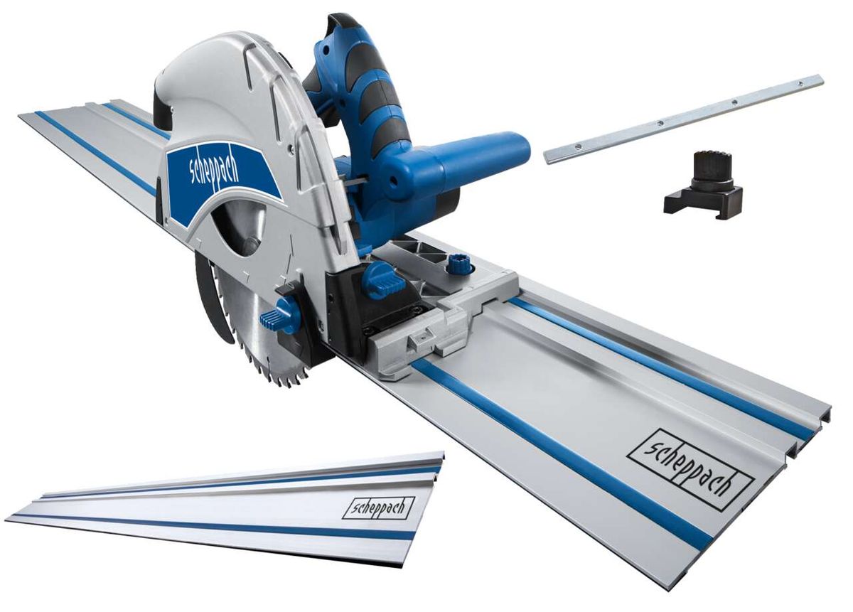 Plunge saw PL75 Scheppach - 1600W with accessories, saw blade Ø210mm, 36 T, viewed from an oblique top angle.