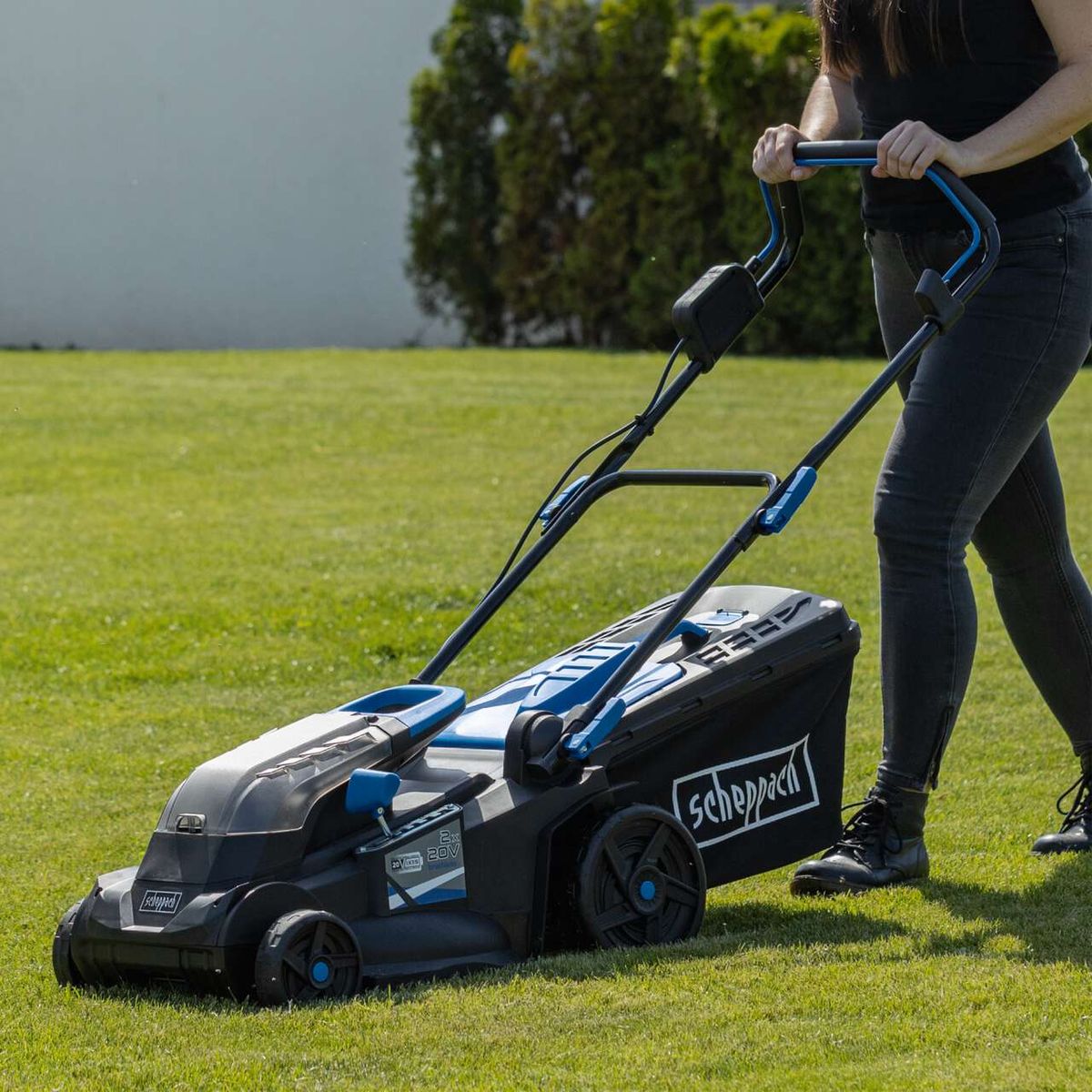 Scheppach battery-powered lawnmower BC-MP380-X with 2x 20V handle and 'S4' label
