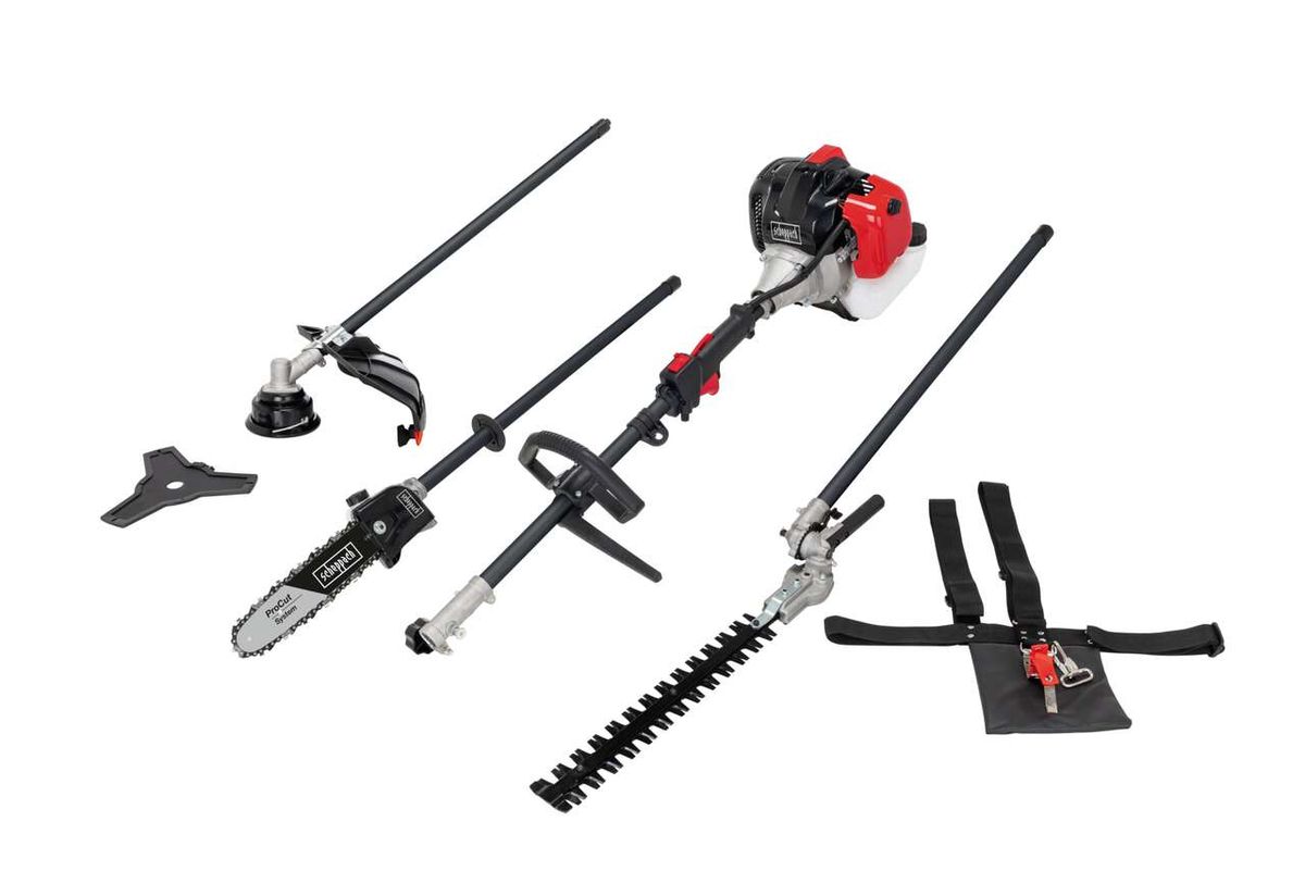 Multi-tool set with engine, axe, hedge trimmer, lawn mower, and additional accessories