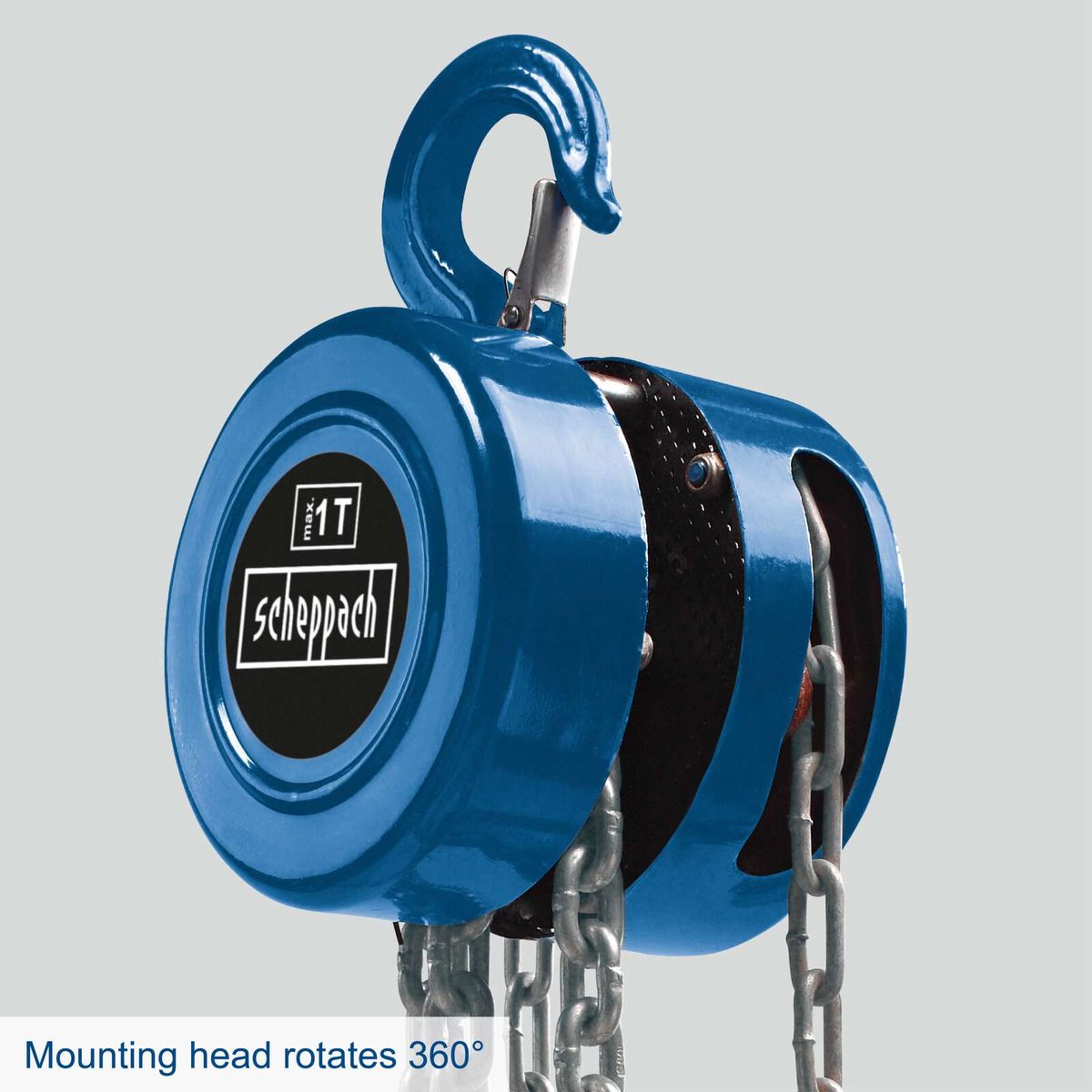 Scheppach chain hoist with 360° rotatable mounting head for 1-tonne lifting capacity