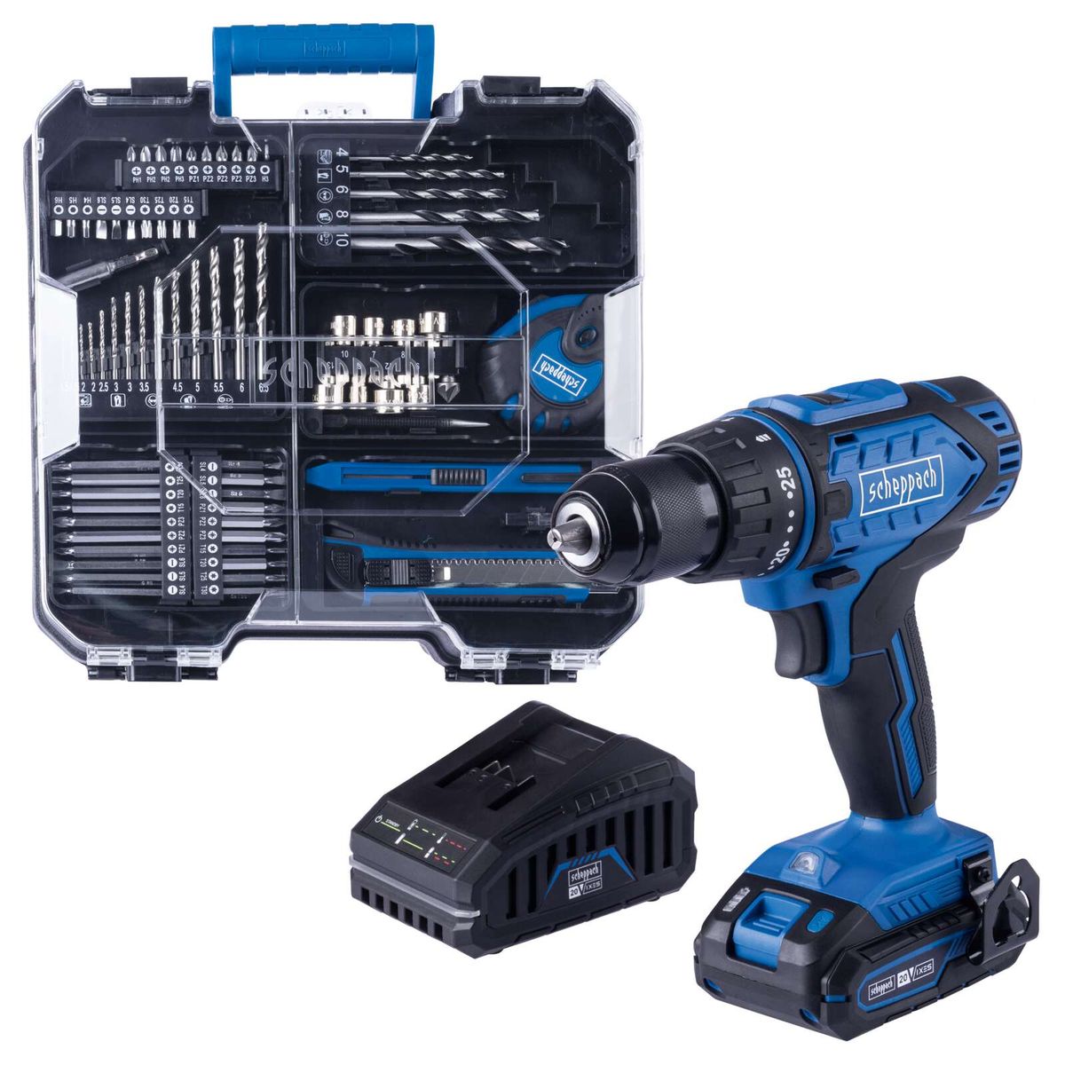 Scheppach tool set featuring cordless drill/driver with tool box containing screws, drills, and bits