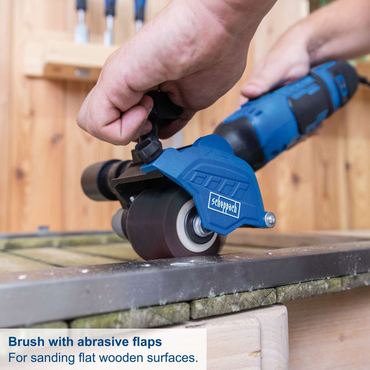 Scheppach round brush with abrasive flaps for sanding flat wooden surfaces