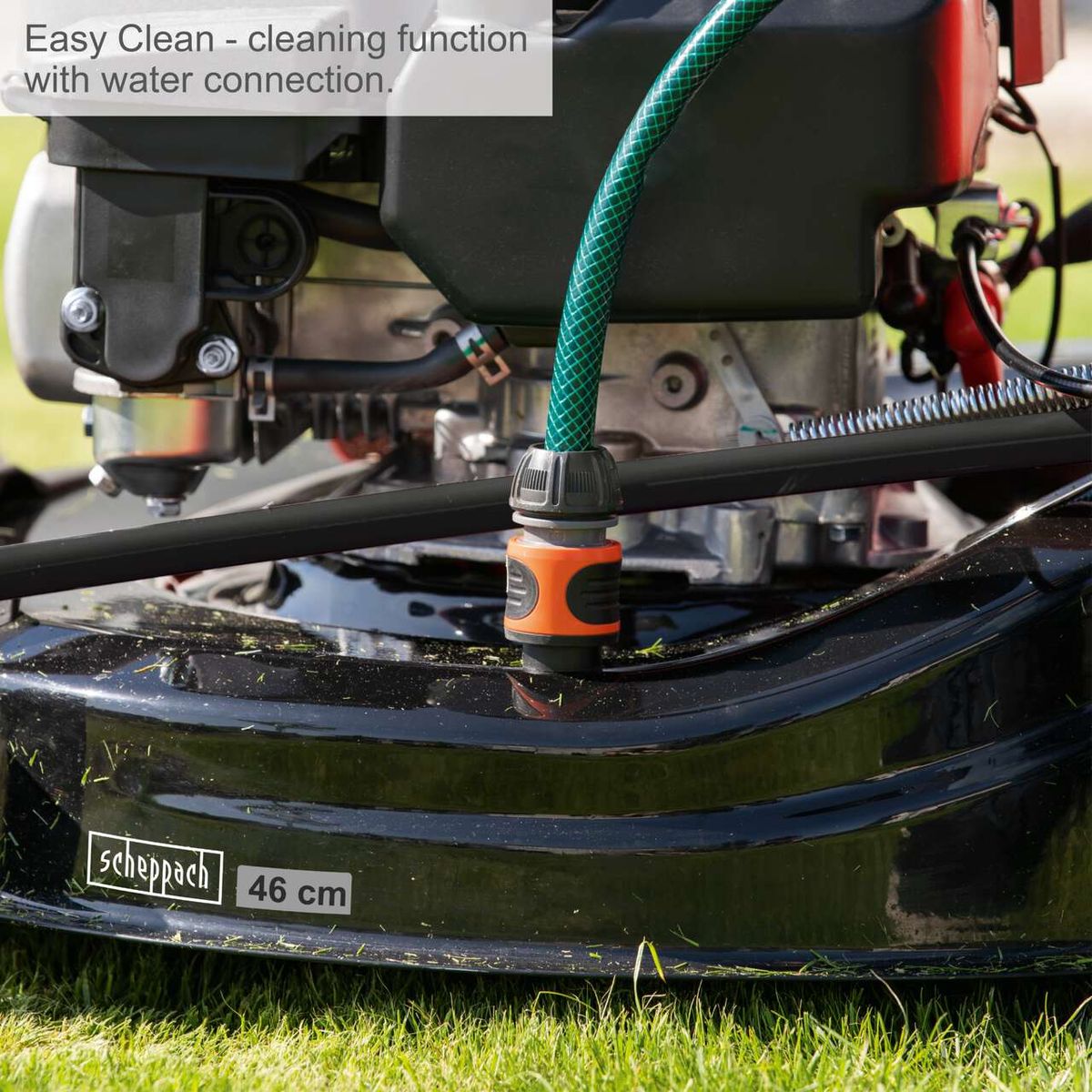 Scheppach water connection for easy cleaning on lawnmower (51 cm cutting width)