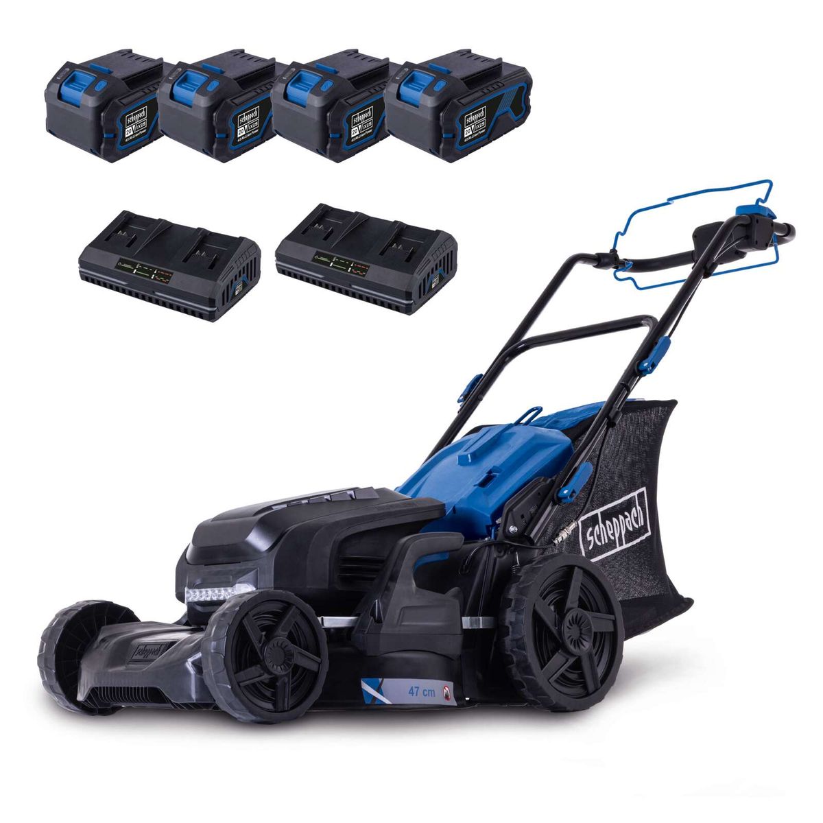 Scheppach cordless lawnmower BC-MP470-X set with 4 batteries and 2 chargers, featuring LED lighting and variable drive wheels