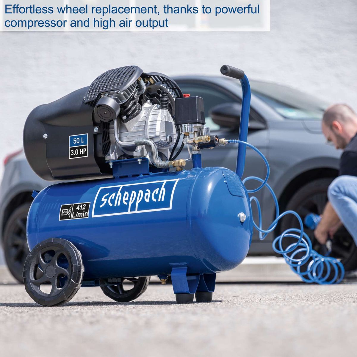 Scheppach compressor featuring a 50-litre tank and 412 l/min airflow, double-cylinder with pressure regulator for efficient air supply