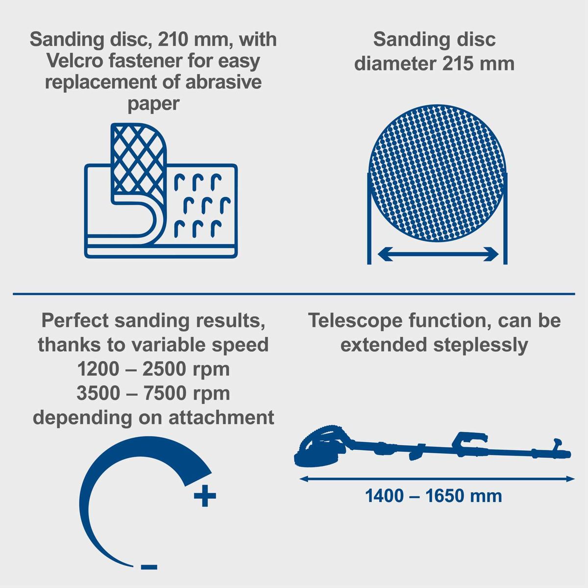 Wall and ceiling sander with variable speed, sanding discs (210 mm and 215 mm), extendable telescopic arm, perfect sanding results at adjustable RPMs