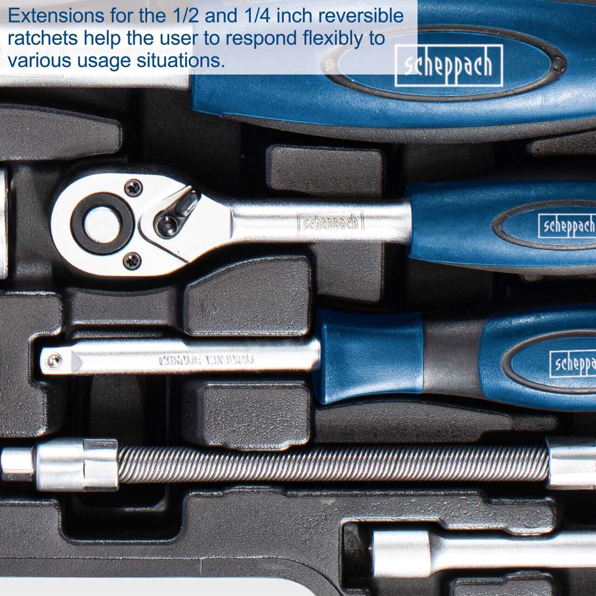 1/2 and 1/4 inch reversible ratchet extensions for flexible tool use in Scheppach’s TB94 tool kit