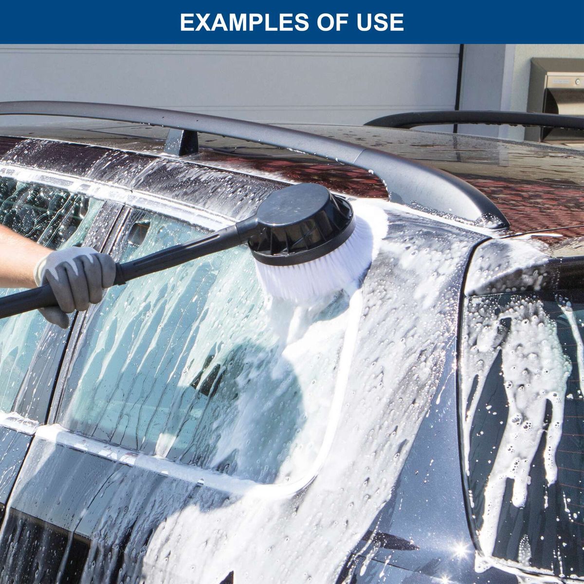 Water jet cleaner with brush attachment for cleaning car windows and glass surfaces
