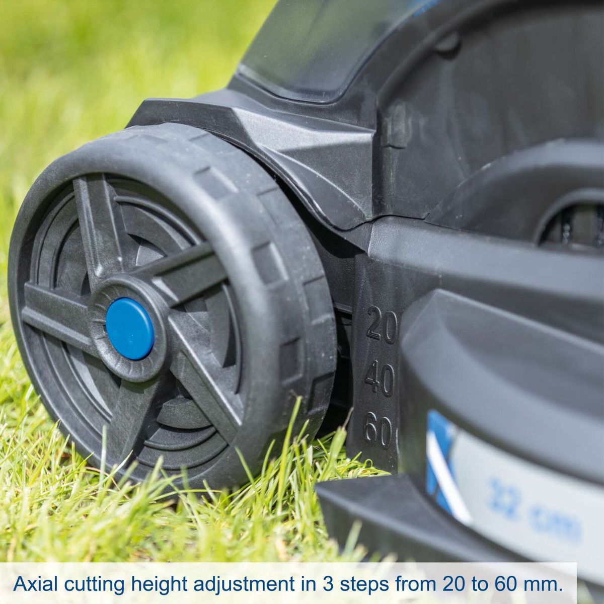 Axial cutting height adjustment in three steps from 20 to 60 mm for lawn mower