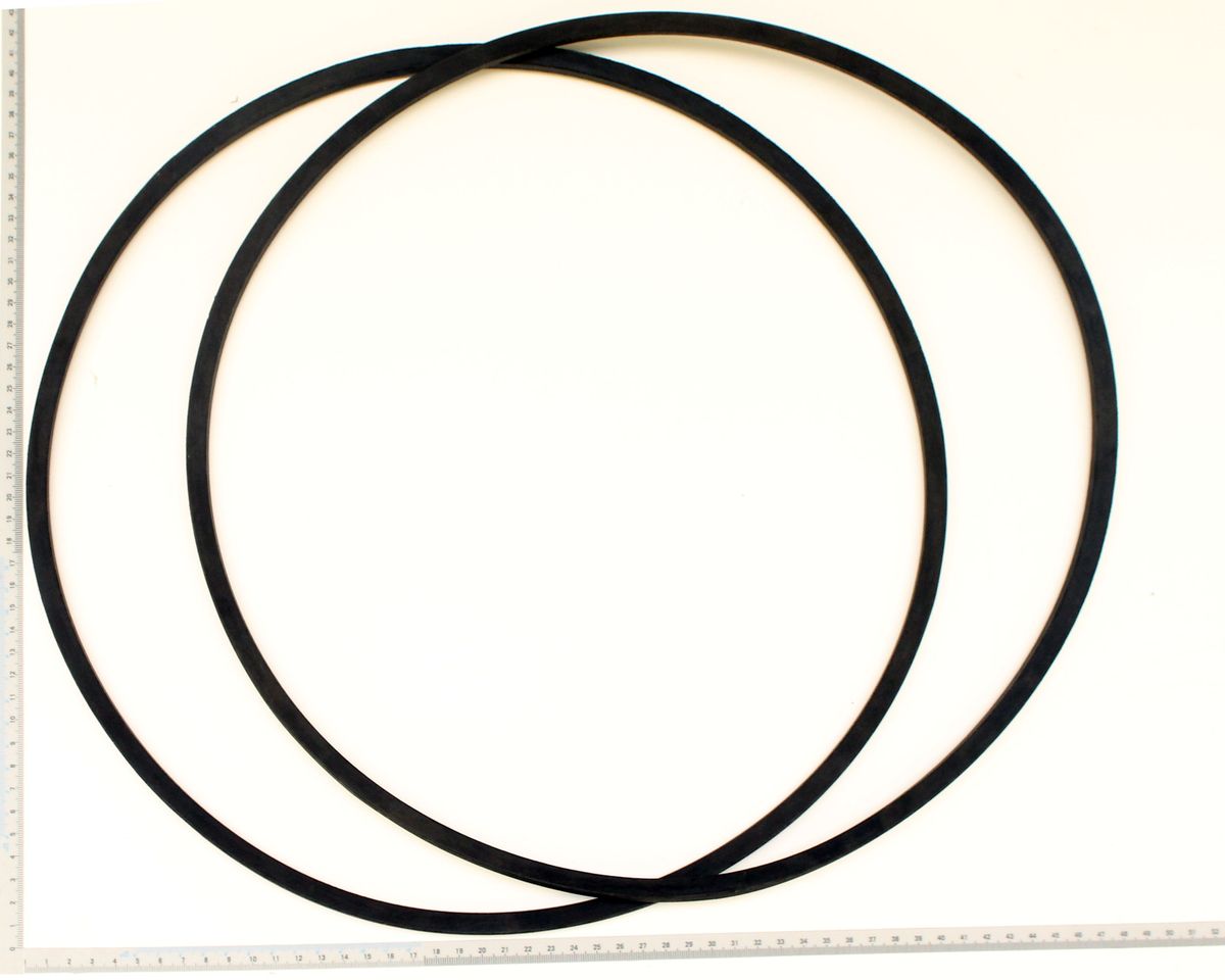 Two black V-belts with measuring tape for width reference