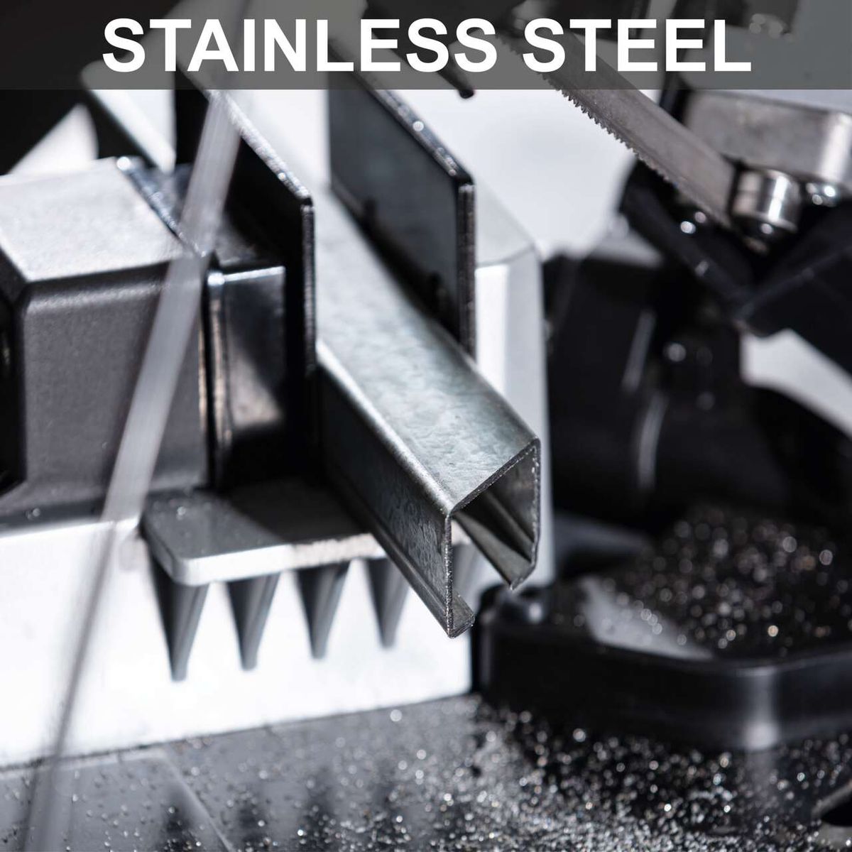 Band saw with metal band cutting, highlighting precision and sturdy construction