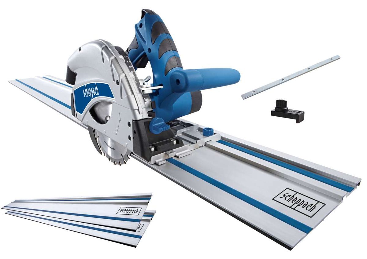 Scheppach plunge saw with guide rails and accessories for accurate cutting
