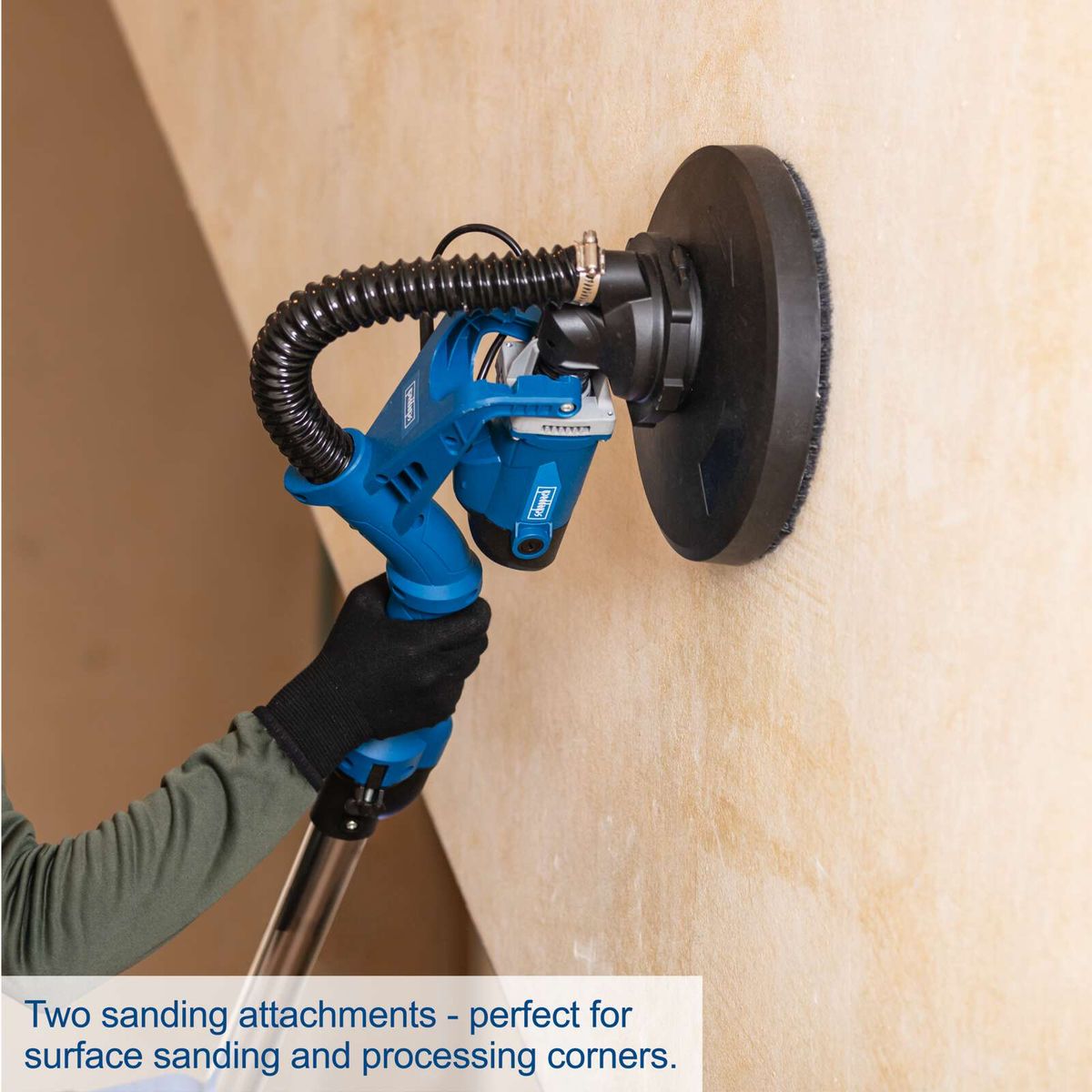 Scheppach wall and ceiling sander featuring dual sanding attachments for surface sanding and corner processing