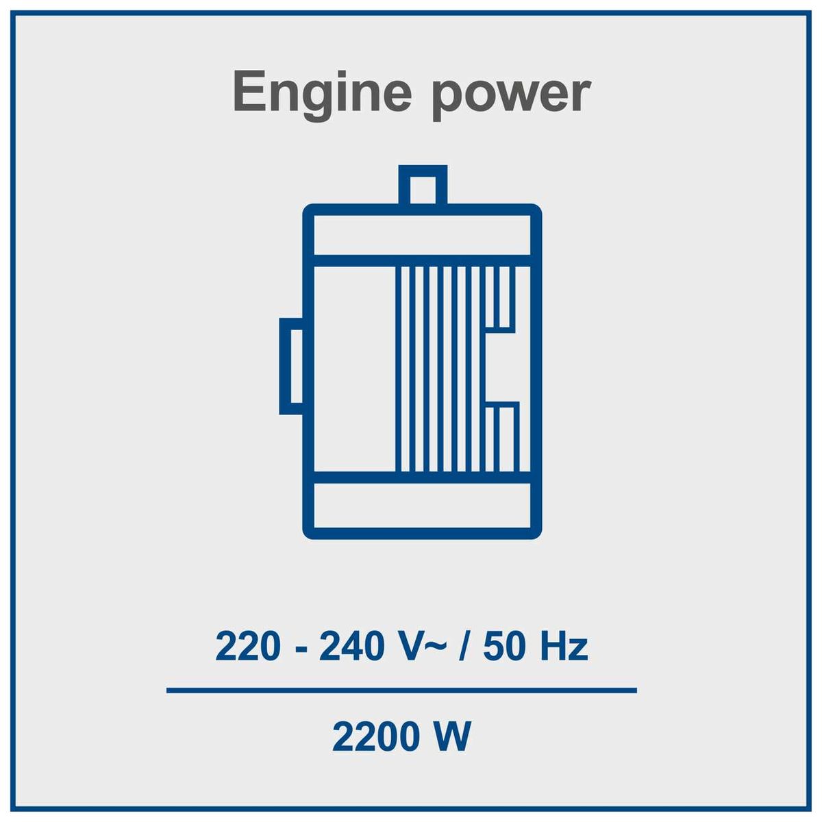 Engine power specifications: 220–240V AC, 50 Hz, 2200W for wood splitting tool