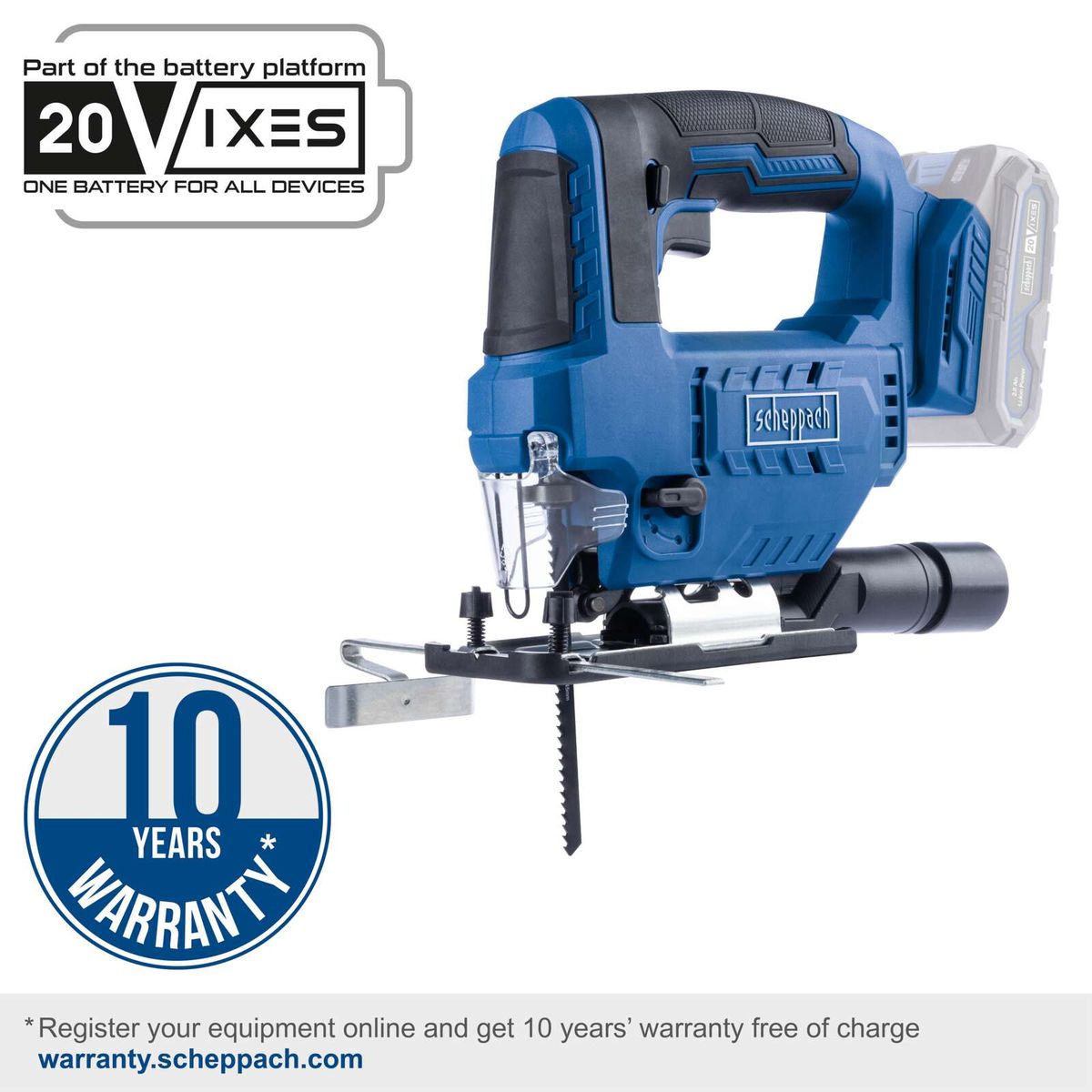 20V cordless jigsaw with 10-year warranty, 19mm stroke length, 0–2400 RPM