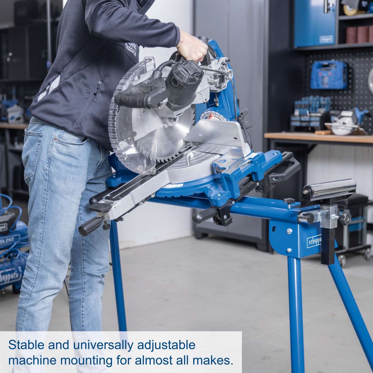 Stable and universally adjustable machine mounting for almost all Scheppach models