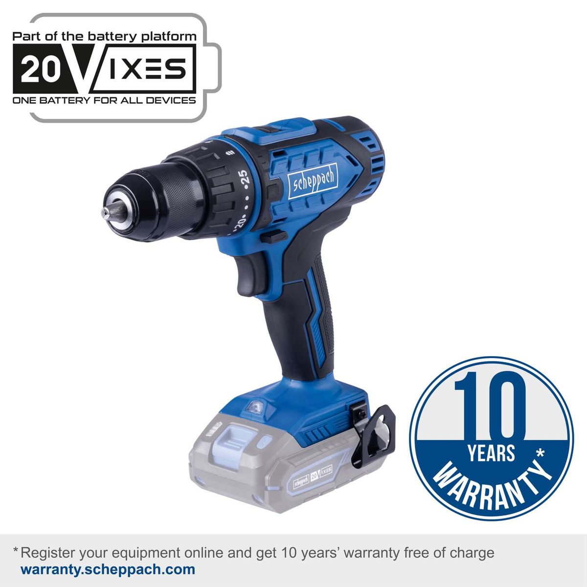 Scheppach 20V power tool set with 10-year warranty, featuring battery compartment and charger for 20V tools
