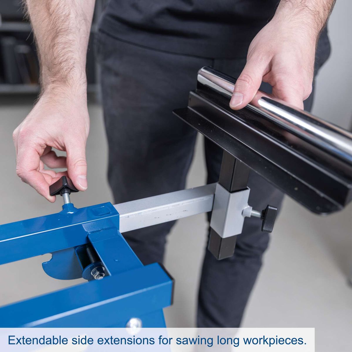 Extendable side extensions for long workpiece sawing on Scheppach base unit