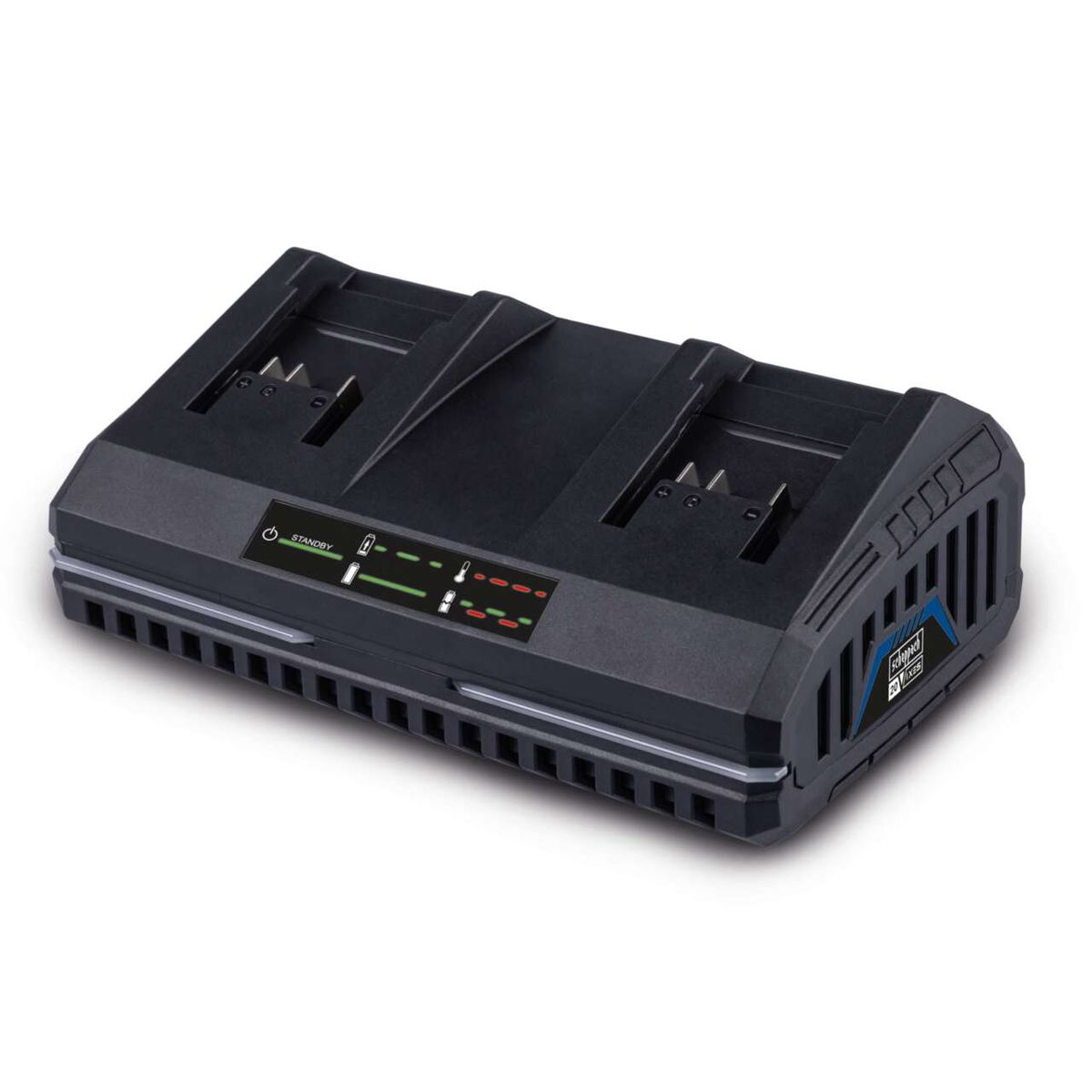 Scheppach twin charger with LED display, wall mount, showing charging times for batteries