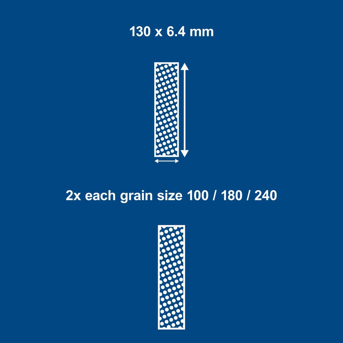 Sanding belt set with dimensions 130 x 6.4 mm, featuring 2x K100, 2x K180, and 2x K240 grain sizes