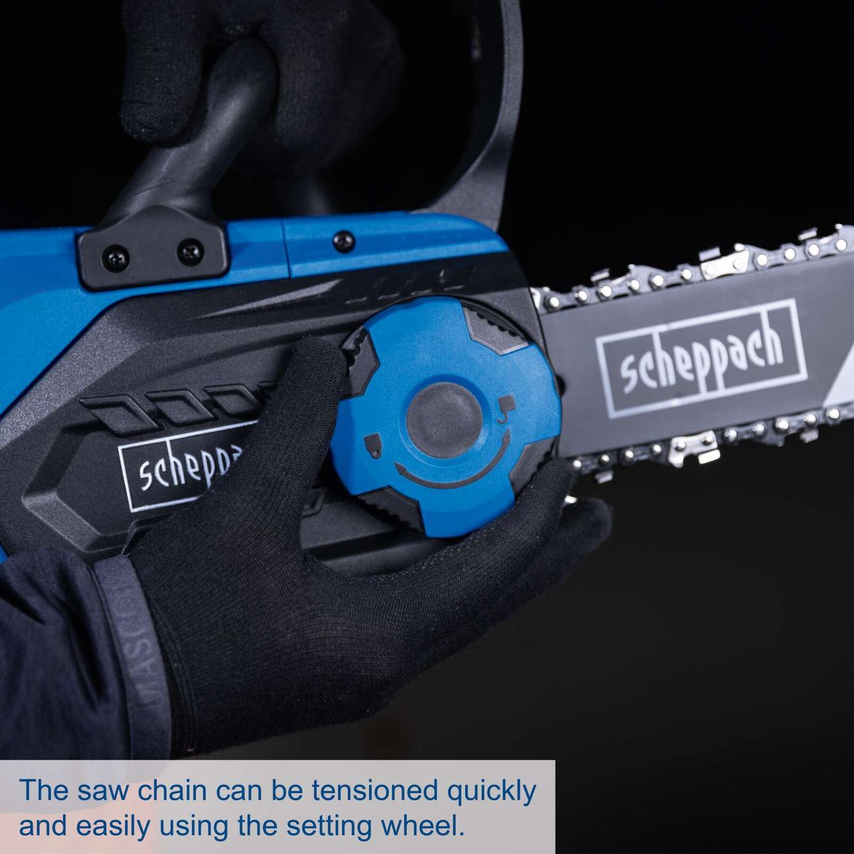 Scheppach cordless chainsaw featuring quick tensioning for the chain via setting wheel