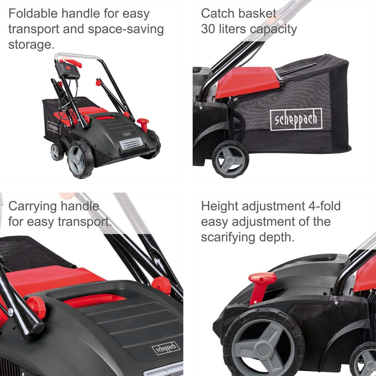 Electric scarifier featuring foldable handle, 30-litre basket, and height-adjustable scarifying depth