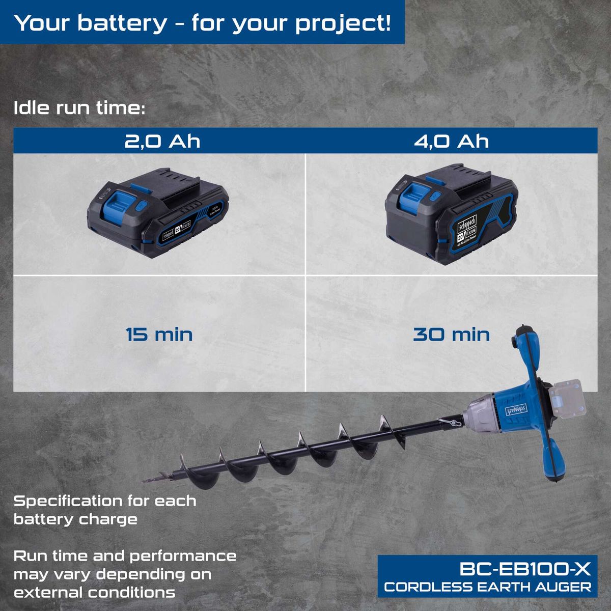 Cordless earth auger BC-EB100-X showing battery runtimes for 2.0Ah and 4.0Ah (15/30 minutes) with performance differences