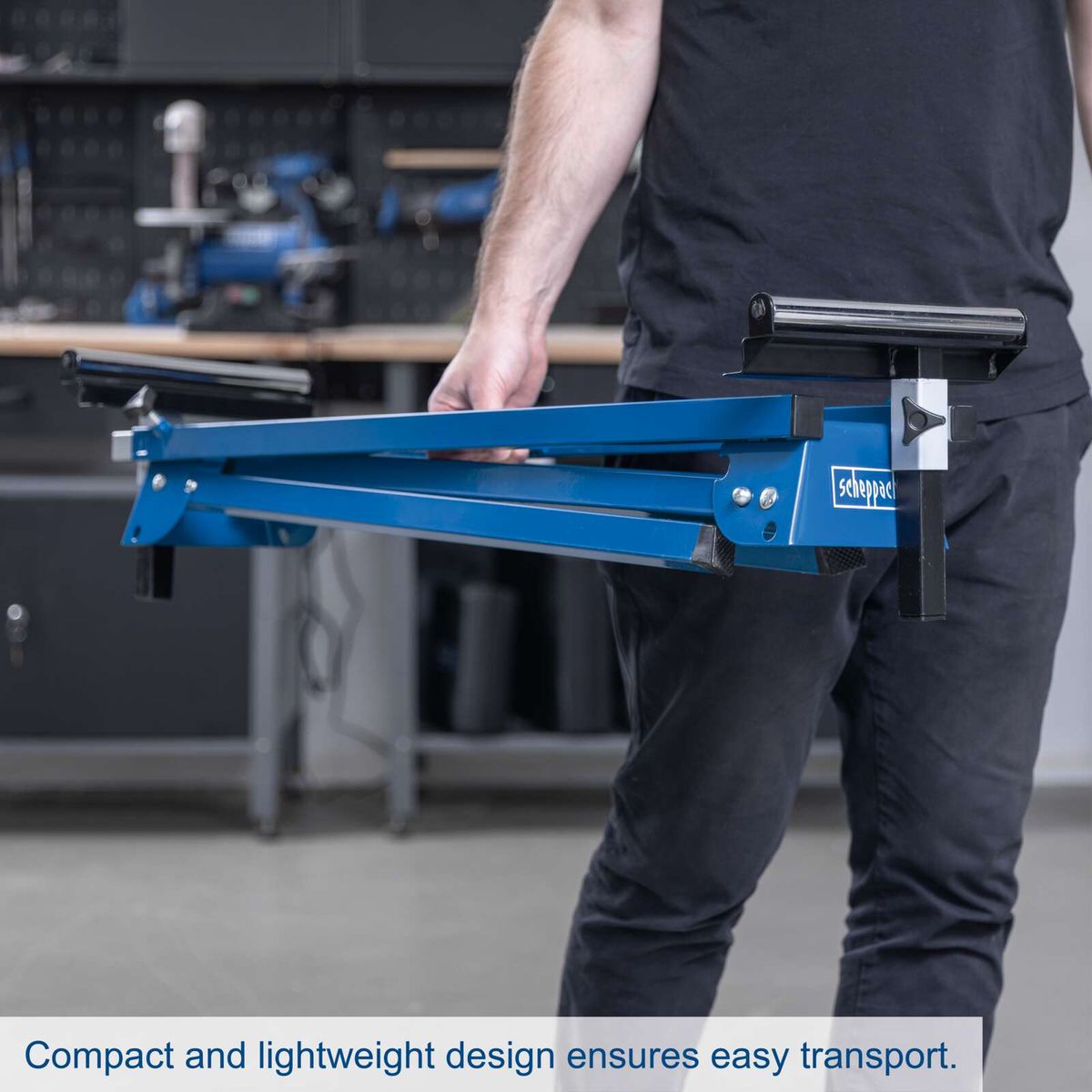 Compact universal mitre saw stand featuring easy transport due to lightweight design