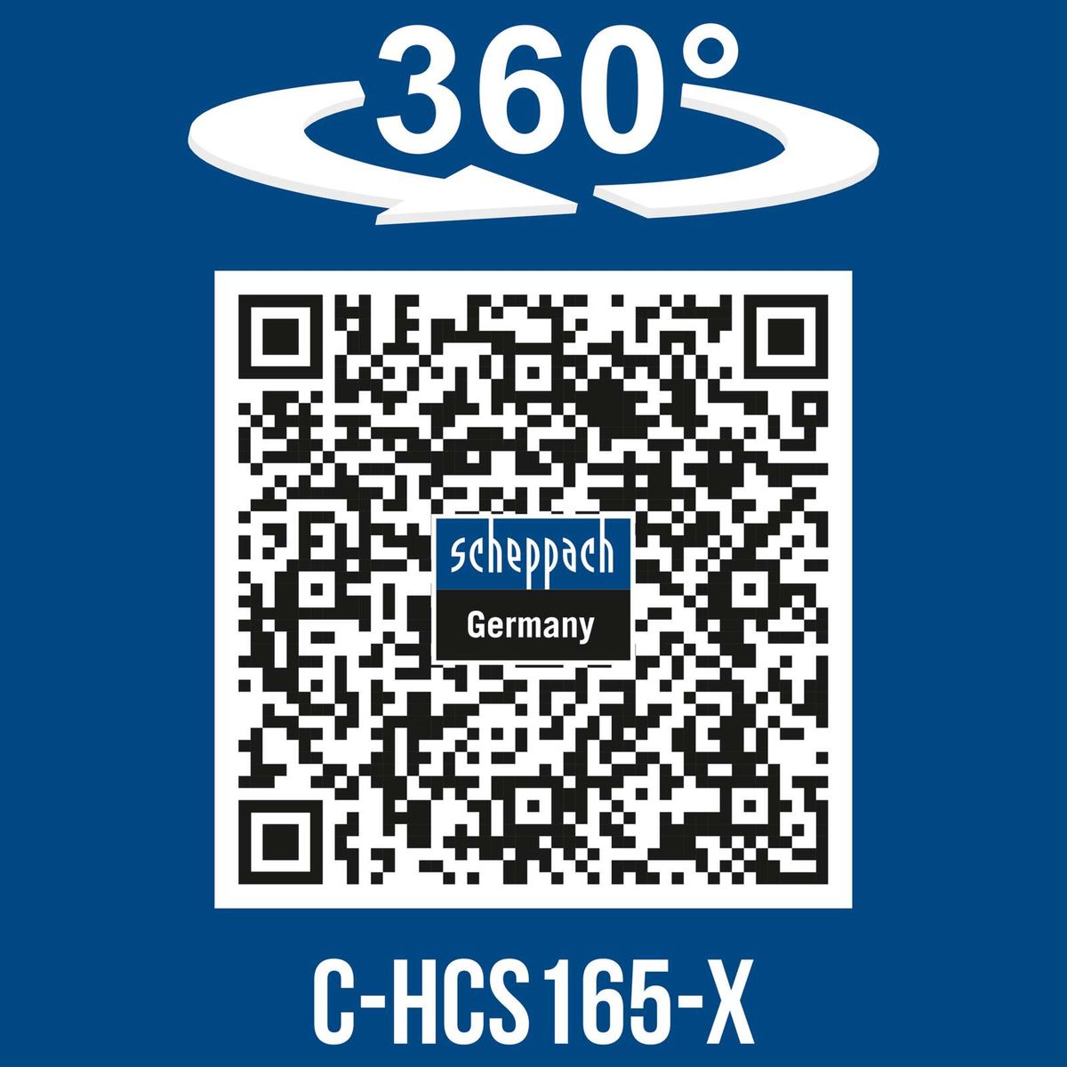 Scheppach cordless circular saw C-HCS165-X with 360° rotation featuring a QR code for Germany