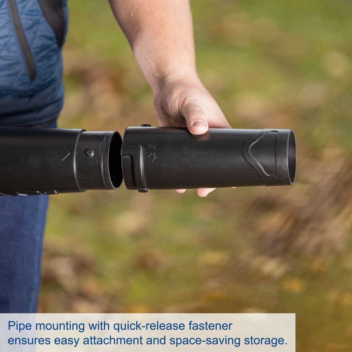 Pipe mounting with quick-release fastener for easy attachment and space-saving storage