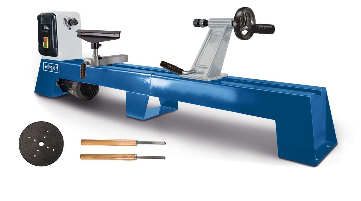 Scheppach wood lathe base with control and tool holders