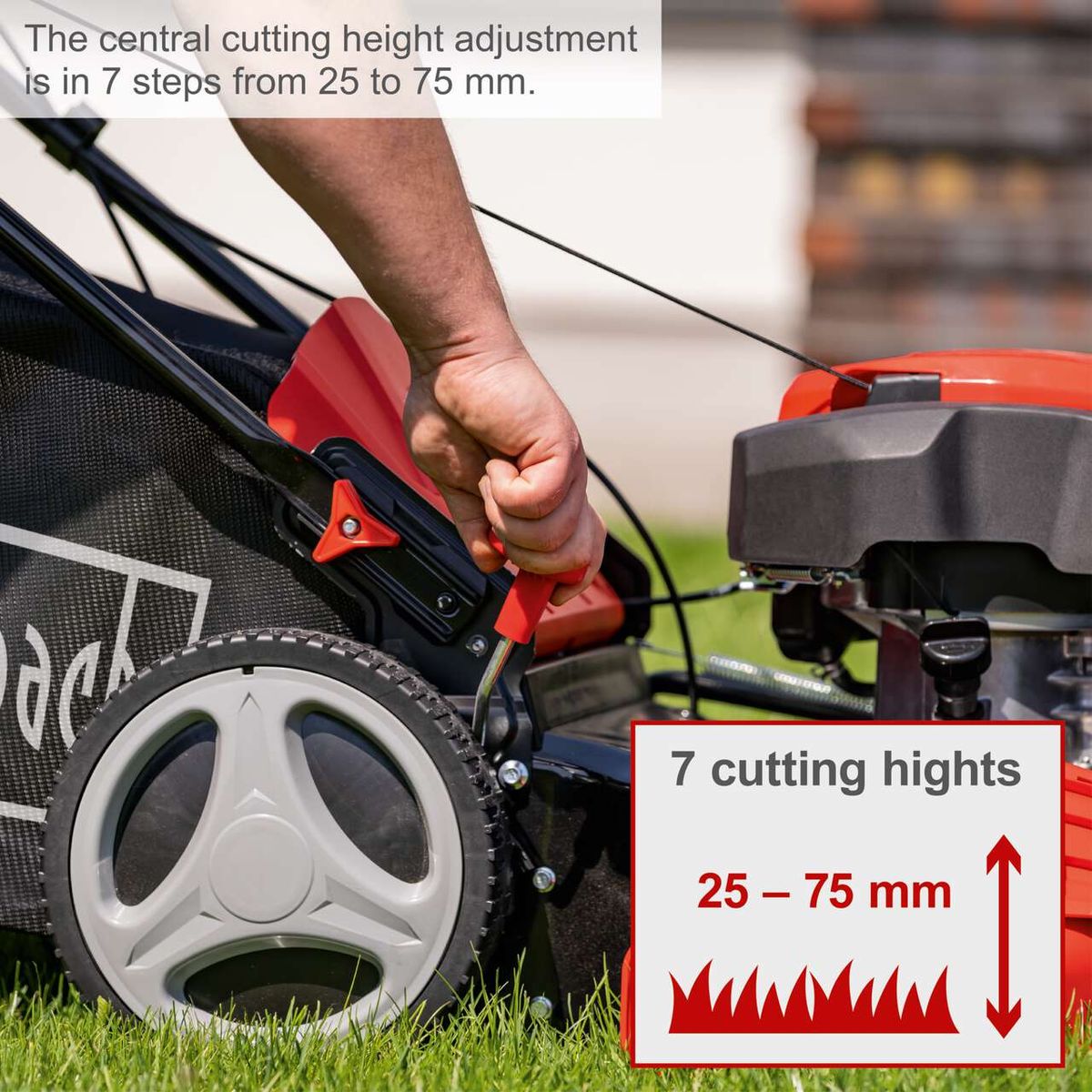 Adjustable cutting height with 7 settings ranging from 25 mm to 75 mm for Scheppach lawn mower MS225-53