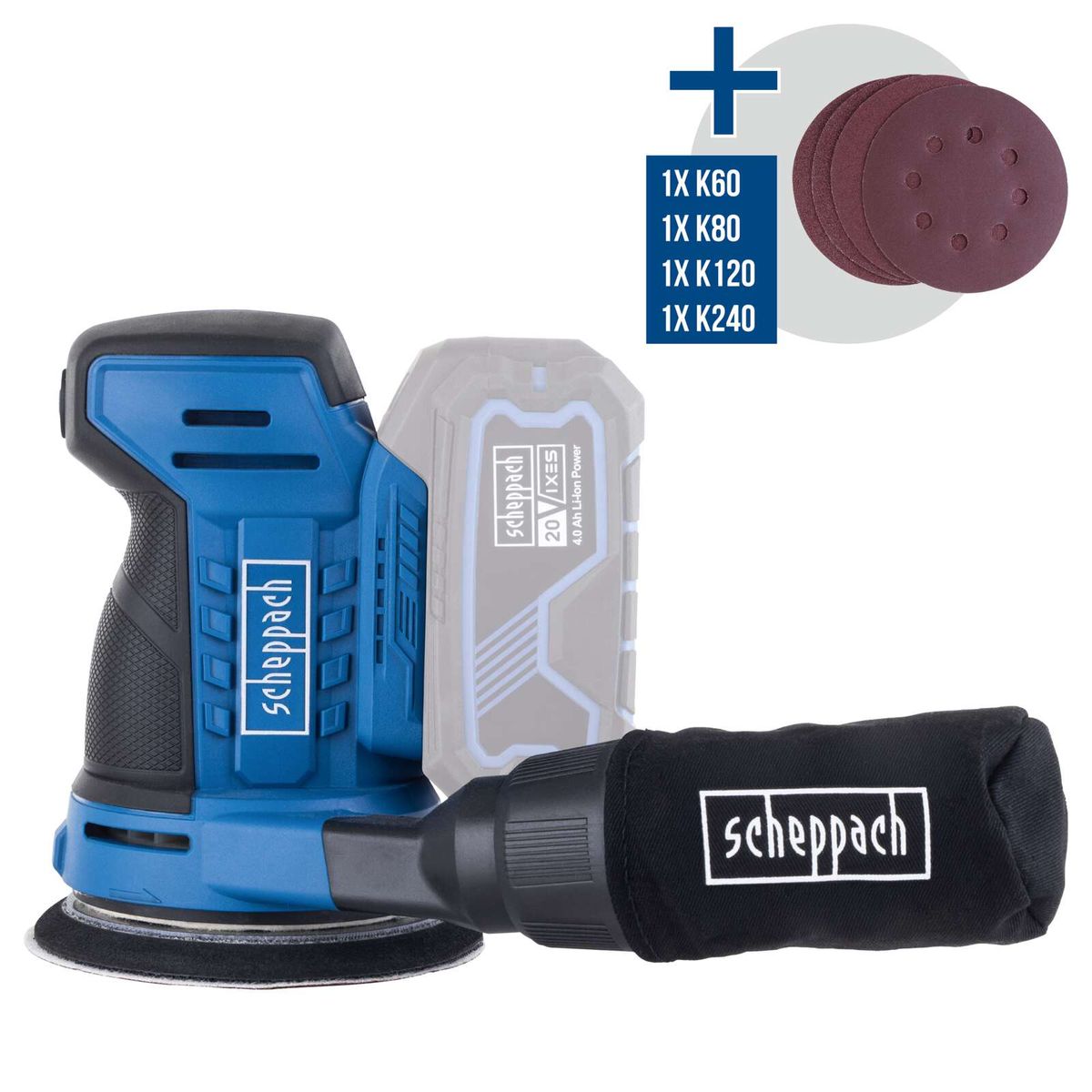 Cordless random orbital sander with included battery and sanding disc set (K60, K80, K120, K240)