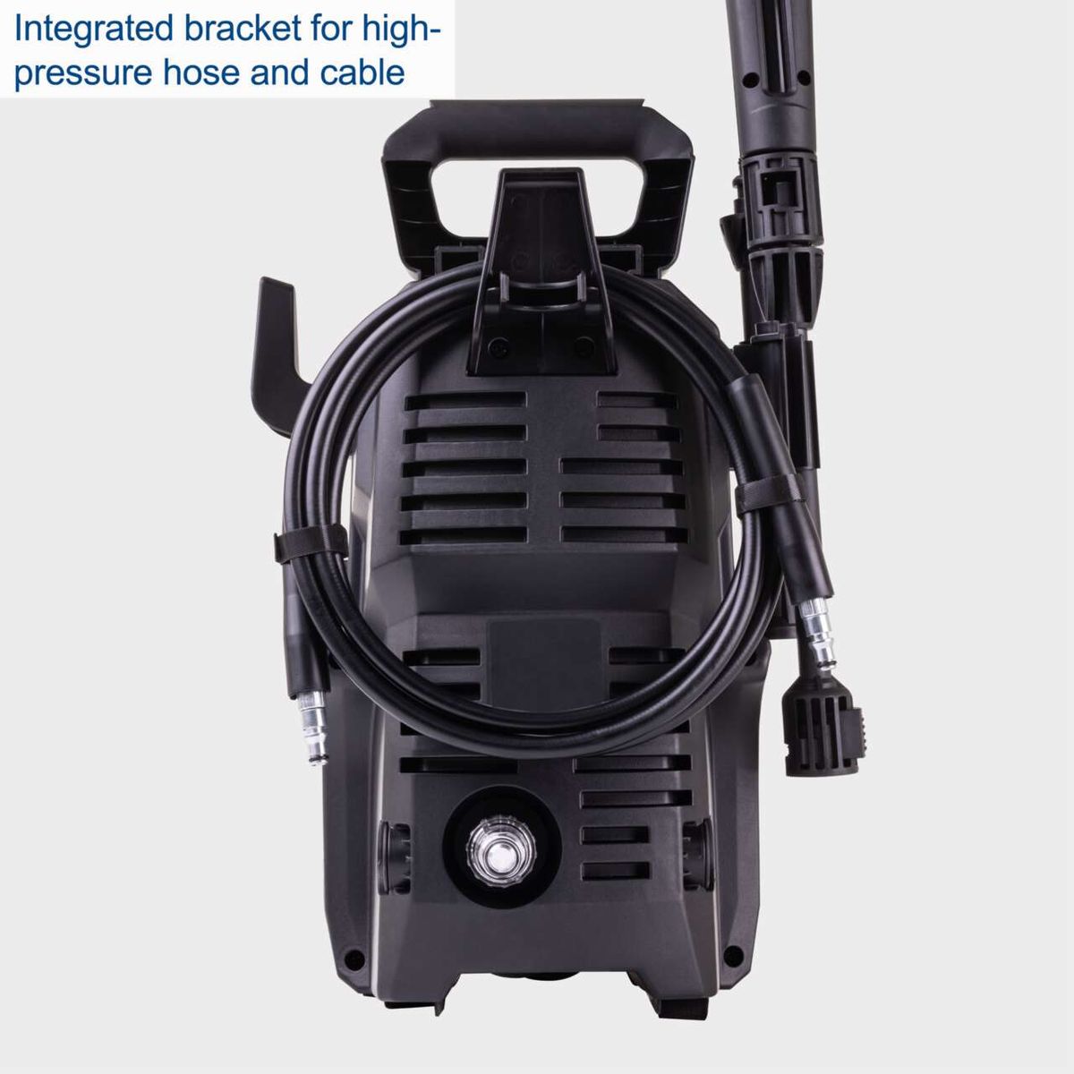 Pressure washer with integrated bracket for high-pressure hose and cable