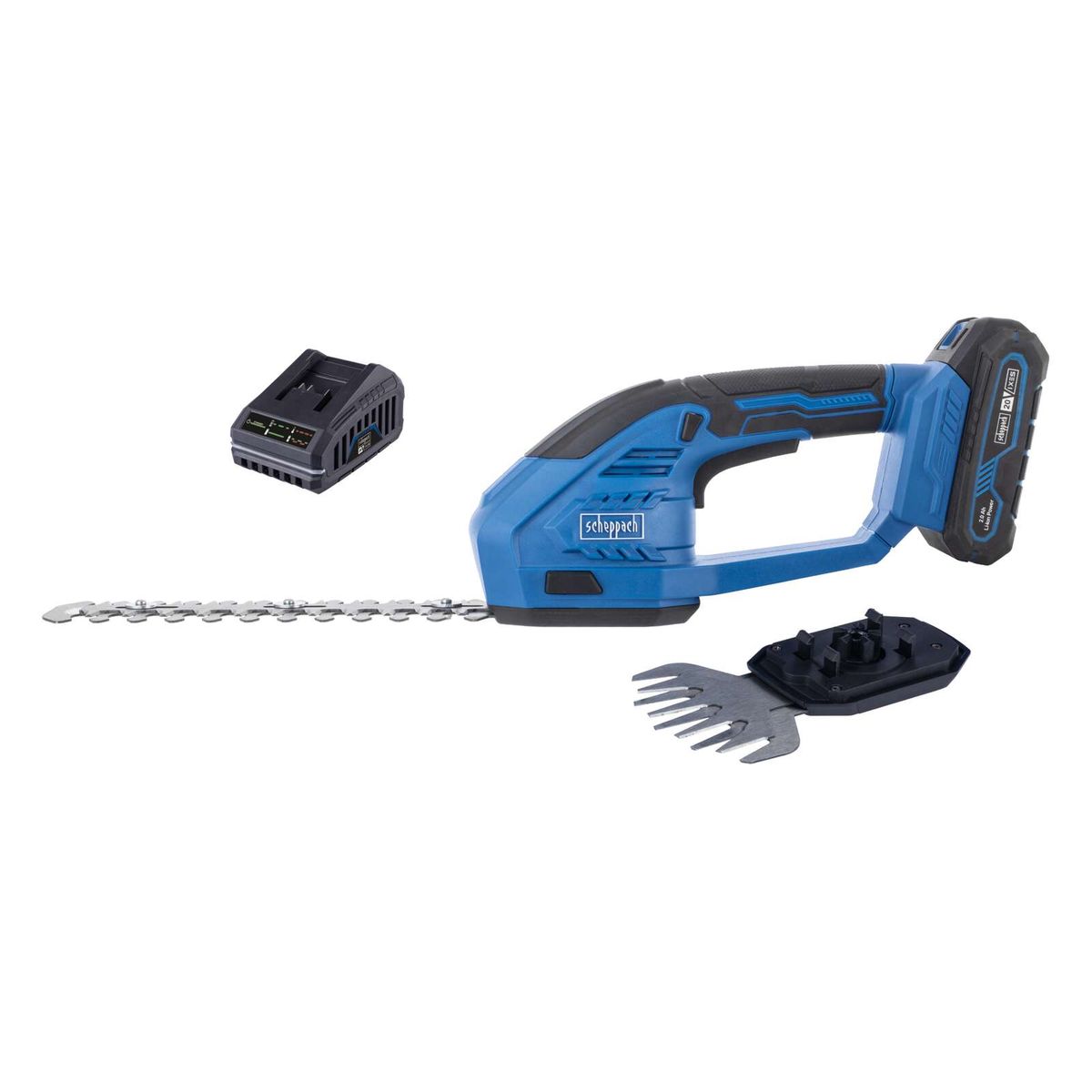 Scheppach cordless grass and shrub shears with 2-in-1 design, including 2Ah battery and charger